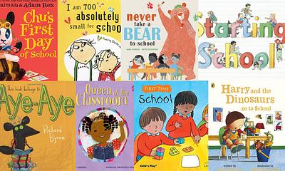 Front covers of I am too absolutely small for school by Lauren Child, Never take a bear to school by Mark Sperring and Britta Teckentrup, Starting School by Janet and Allan Ahlberg, Queen of the Classroom by Derrick Barnes and Vanessa Brantley-Newton, School (First Time) by Jan Lewis and Harry and the Dinosaurs go to School by Ian Whybrow and Adrian Reynolds, Chu's First Day of School by Neil Gaiman and Adam Rex, and This book belongs to Aye-Aye by Richard Byrne